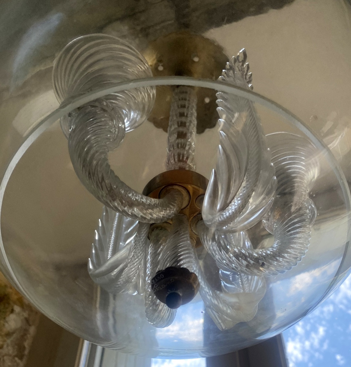 Beautiful Murano Ball Lantern From The 70s, With Three Lights, Cornucopias And Palms -photo-3