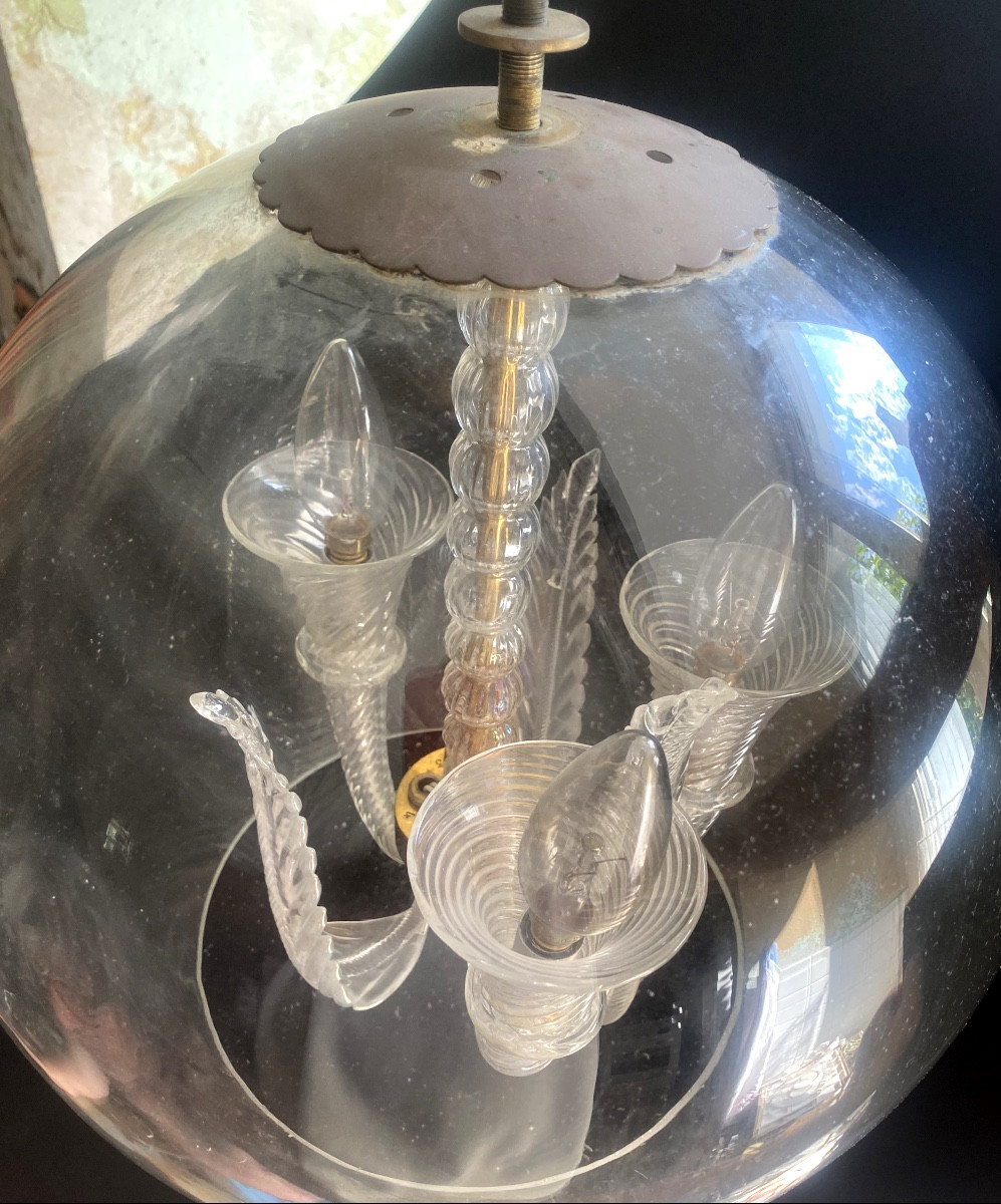 Beautiful Murano Ball Lantern From The 70s, With Three Lights, Cornucopias And Palms -photo-6