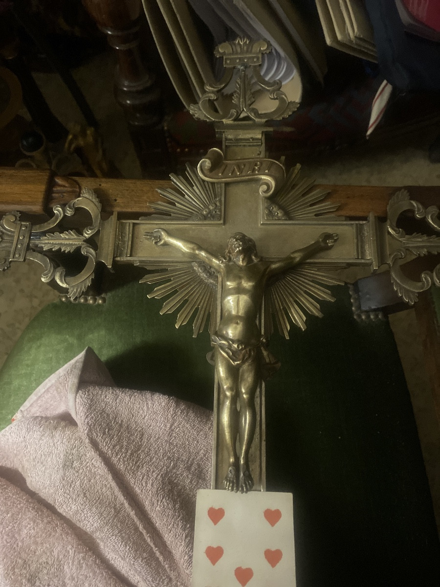 Belle grande croix processionnaire en bronze argenté a l'image du Christ et de la Vierge  19ème-photo-8
