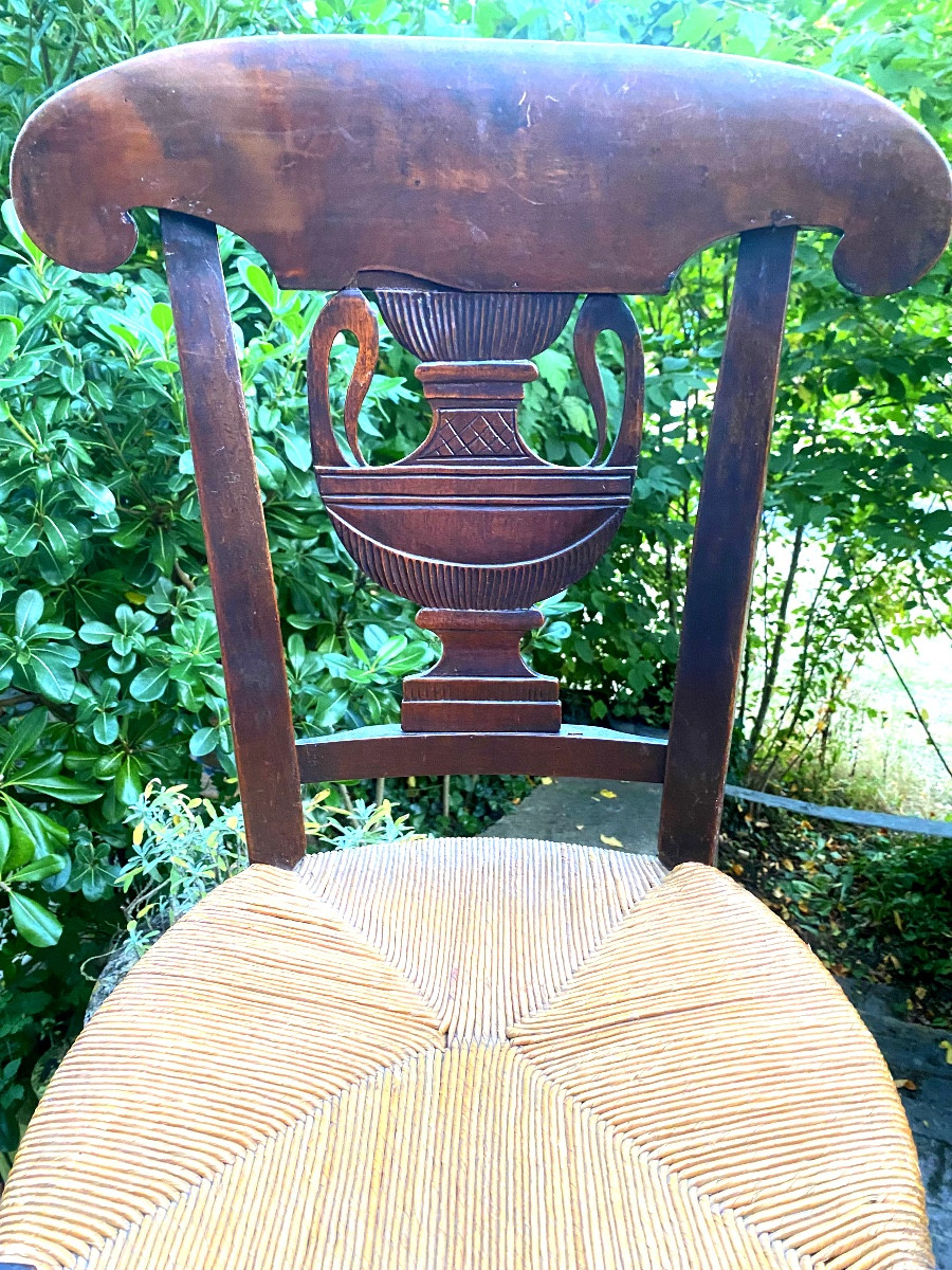 Pair Of Elegant Directoire Period Straw Chairs With Curule Backs Carved With A Soup Tureen.-photo-2