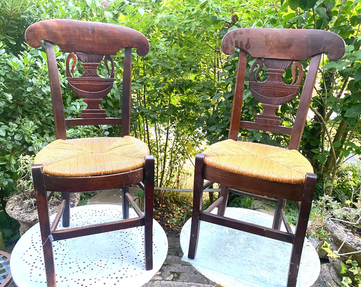 Pair Of Elegant Directoire Period Straw Chairs With Curule Backs Carved With A Soup Tureen.-photo-8
