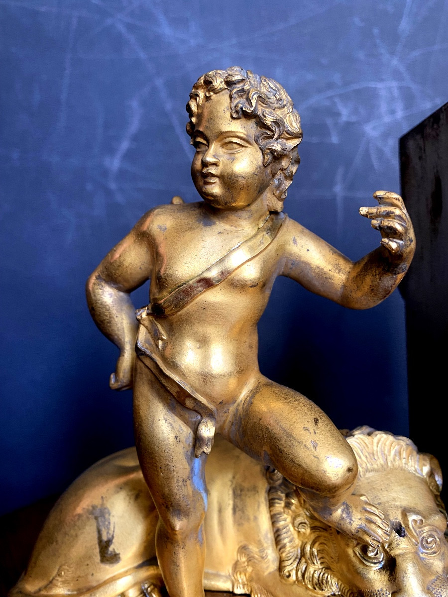 Belle pendule borne au Putti et au Lion en bronze doré au mercure cadran émaillé roue Charles X-photo-4