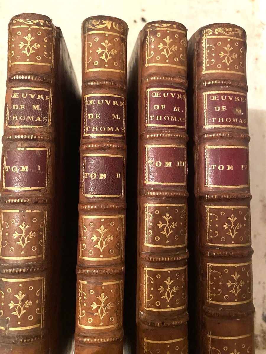4 Vol. In8 . "Oeuvres de M. Thomas (recueil d'éloges), a Amsterdam 1773 , & Paris chez Moutard.-photo-2