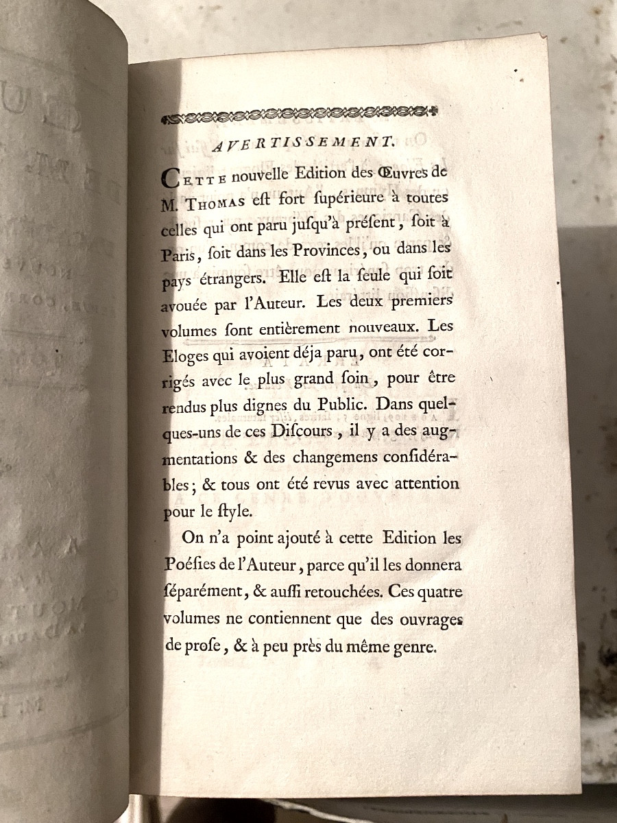 4 Vol. In8 . "Oeuvres de M. Thomas (recueil d'éloges), a Amsterdam 1773 , & Paris chez Moutard.-photo-2
