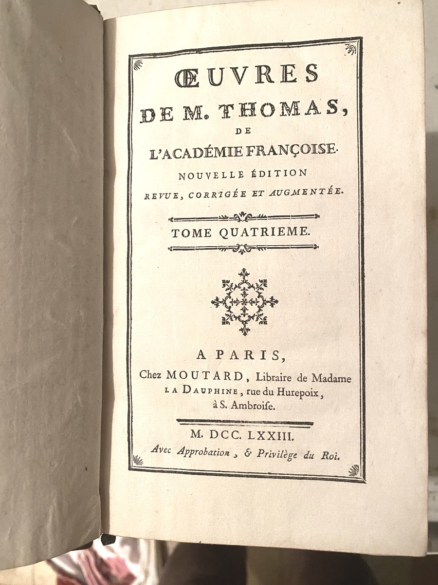4 Vol. In8 . "Oeuvres de M. Thomas (recueil d'éloges), a Amsterdam 1773 , & Paris chez Moutard.-photo-5