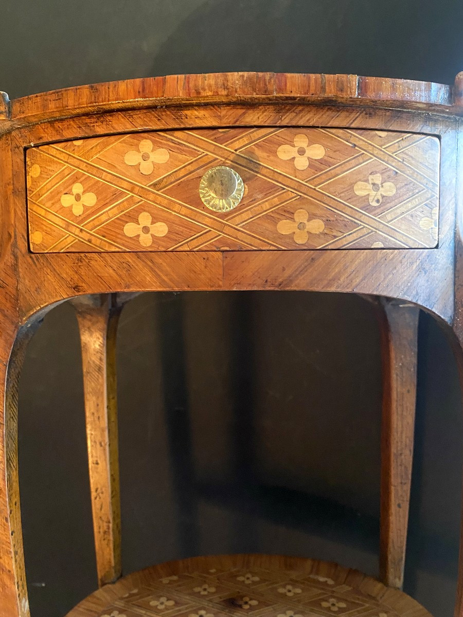 Living Room Table Entirely Inlaid With Decorated Diamonds, Oval Louis XV Legs, Drawer, Bronze Clogs-photo-2