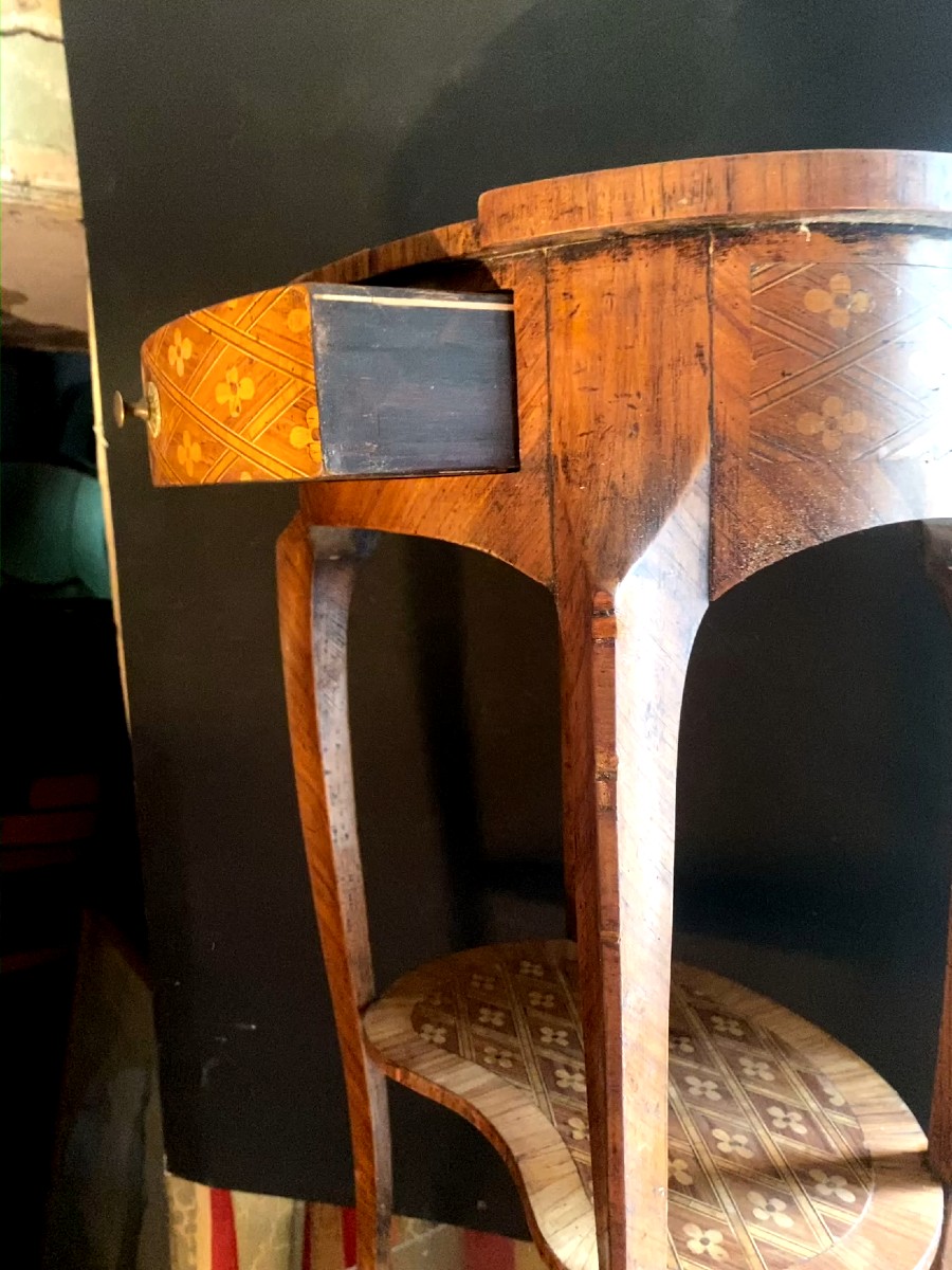 Living Room Table Entirely Inlaid With Decorated Diamonds, Oval Louis XV Legs, Drawer, Bronze Clogs-photo-5