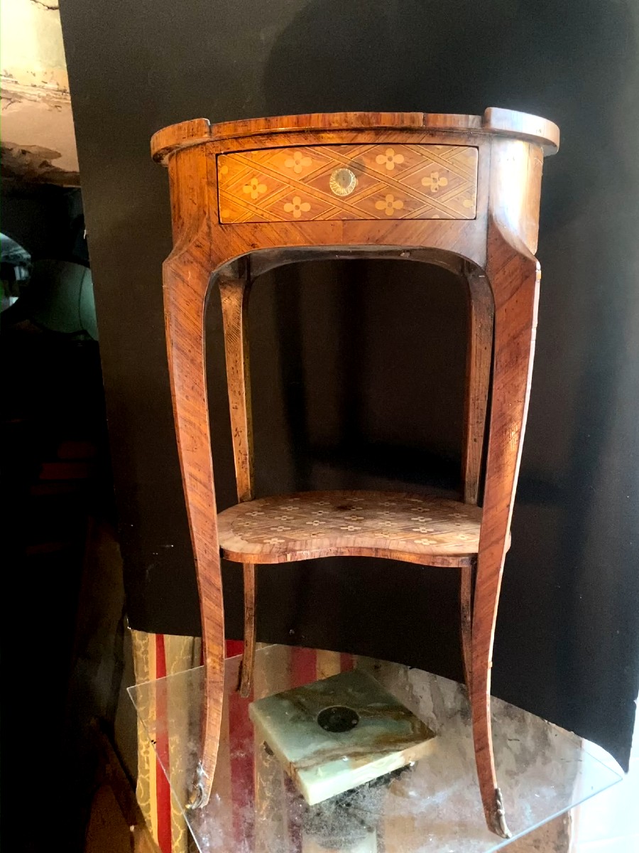 Living Room Table Entirely Inlaid With Decorated Diamonds, Oval Louis XV Legs, Drawer, Bronze Clogs-photo-8