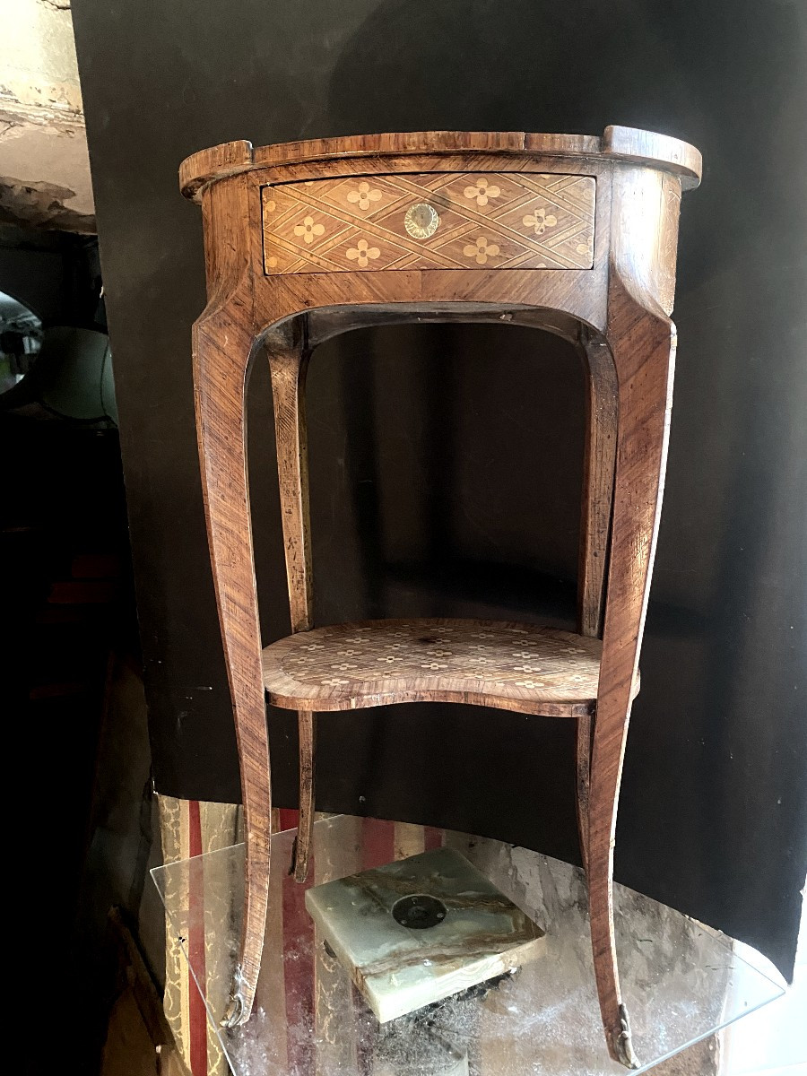 Living Room Table Entirely Inlaid With Decorated Diamonds, Oval Louis XV Legs, Drawer, Bronze Clogs