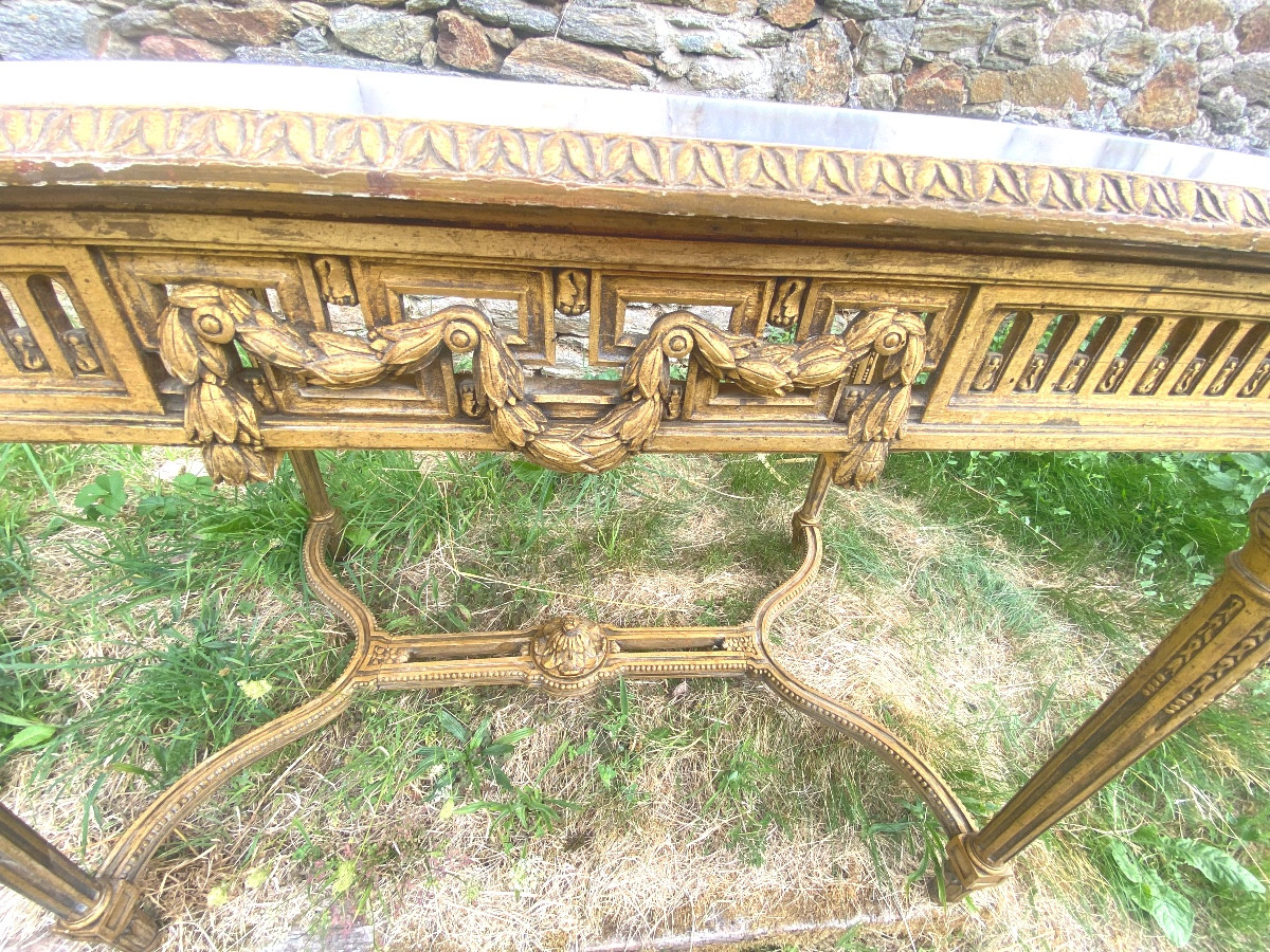 Table de milieu sculptée ajourée de style Louis XVI , pieds fuseaux  traverse ornementée marbre-photo-3