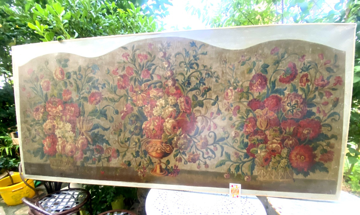 Rare très grande toile de la Manufacture d'Aubusson , modèle fleuri coloré pour une tête de lit-photo-2