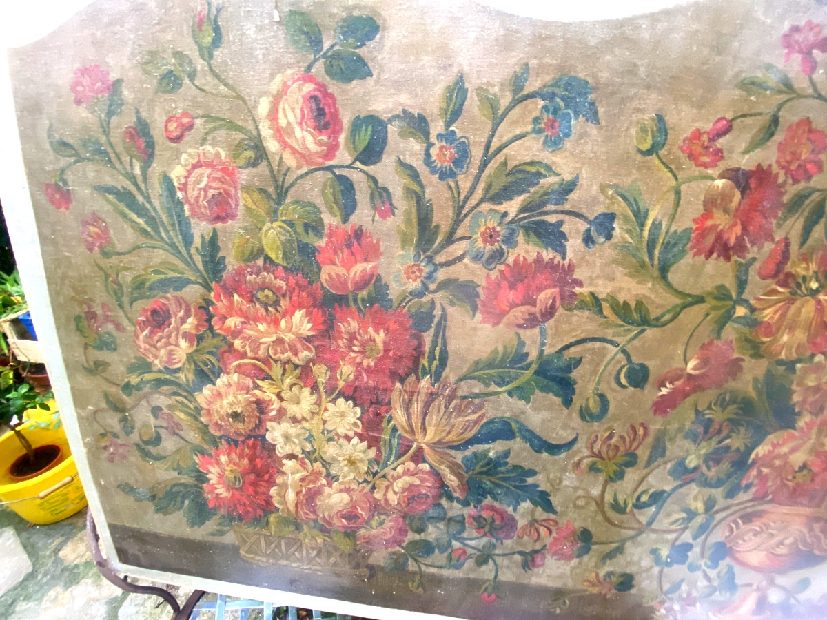 Rare très grande toile de la Manufacture d'Aubusson , modèle fleuri coloré pour une tête de lit-photo-4