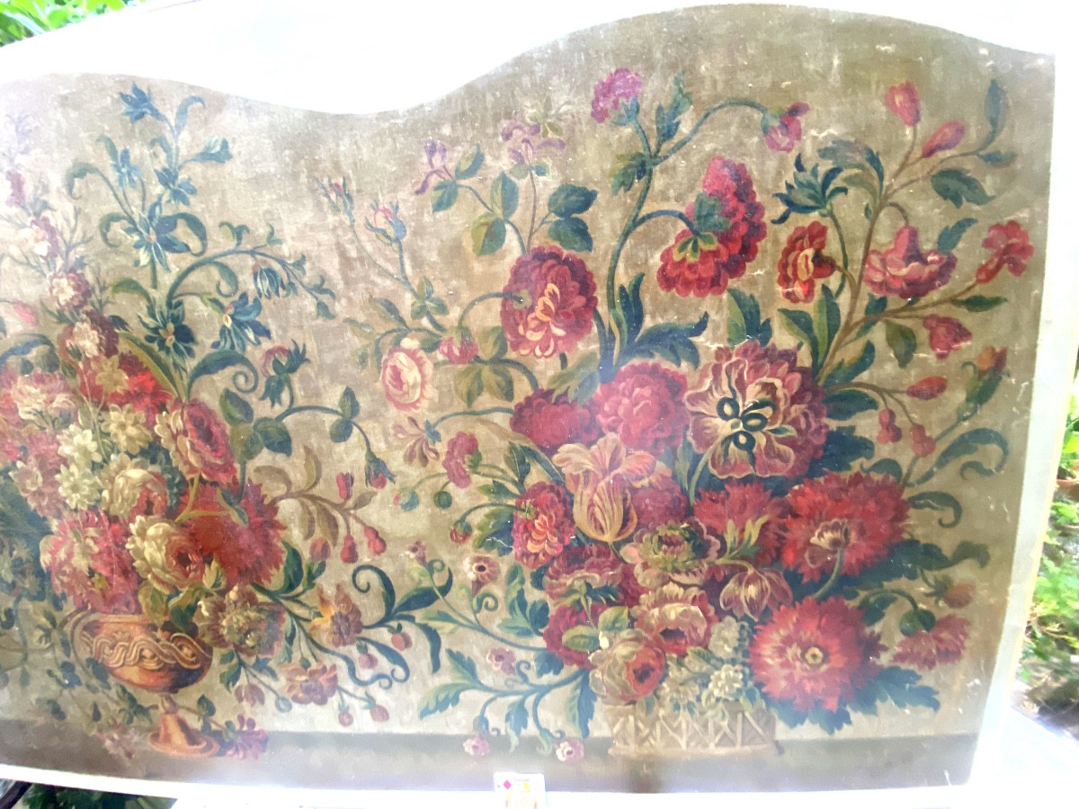 Rare très grande toile de la Manufacture d'Aubusson , modèle fleuri coloré pour une tête de lit-photo-1