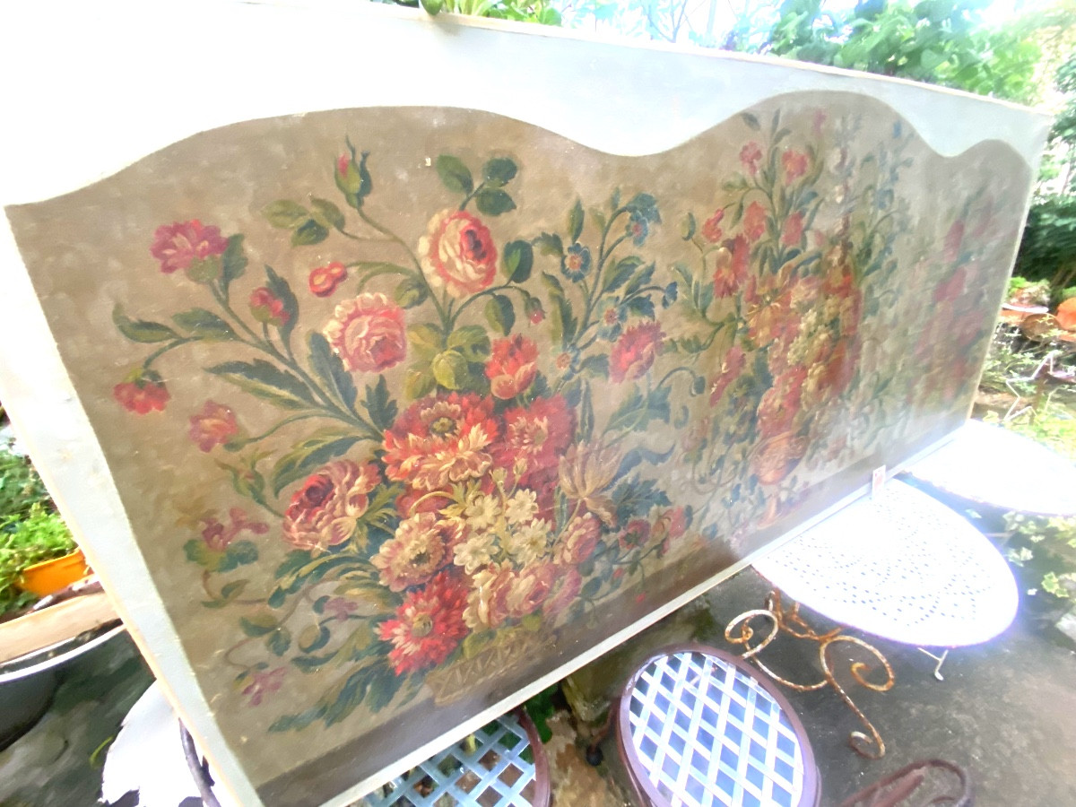 Rare très grande toile de la Manufacture d'Aubusson , modèle fleuri coloré pour une tête de lit-photo-3
