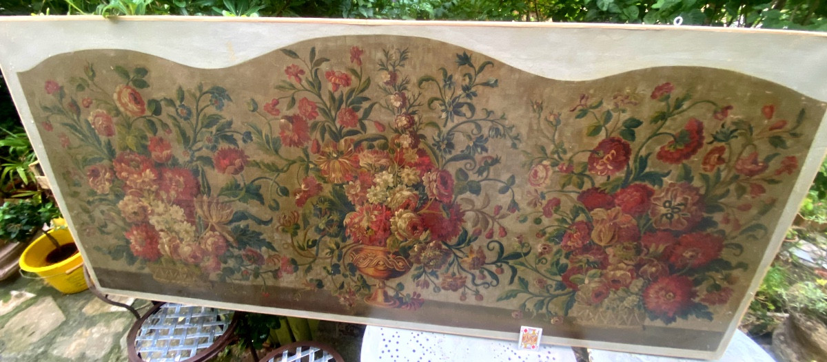 Rare très grande toile de la Manufacture d'Aubusson , modèle fleuri coloré pour une tête de lit-photo-4