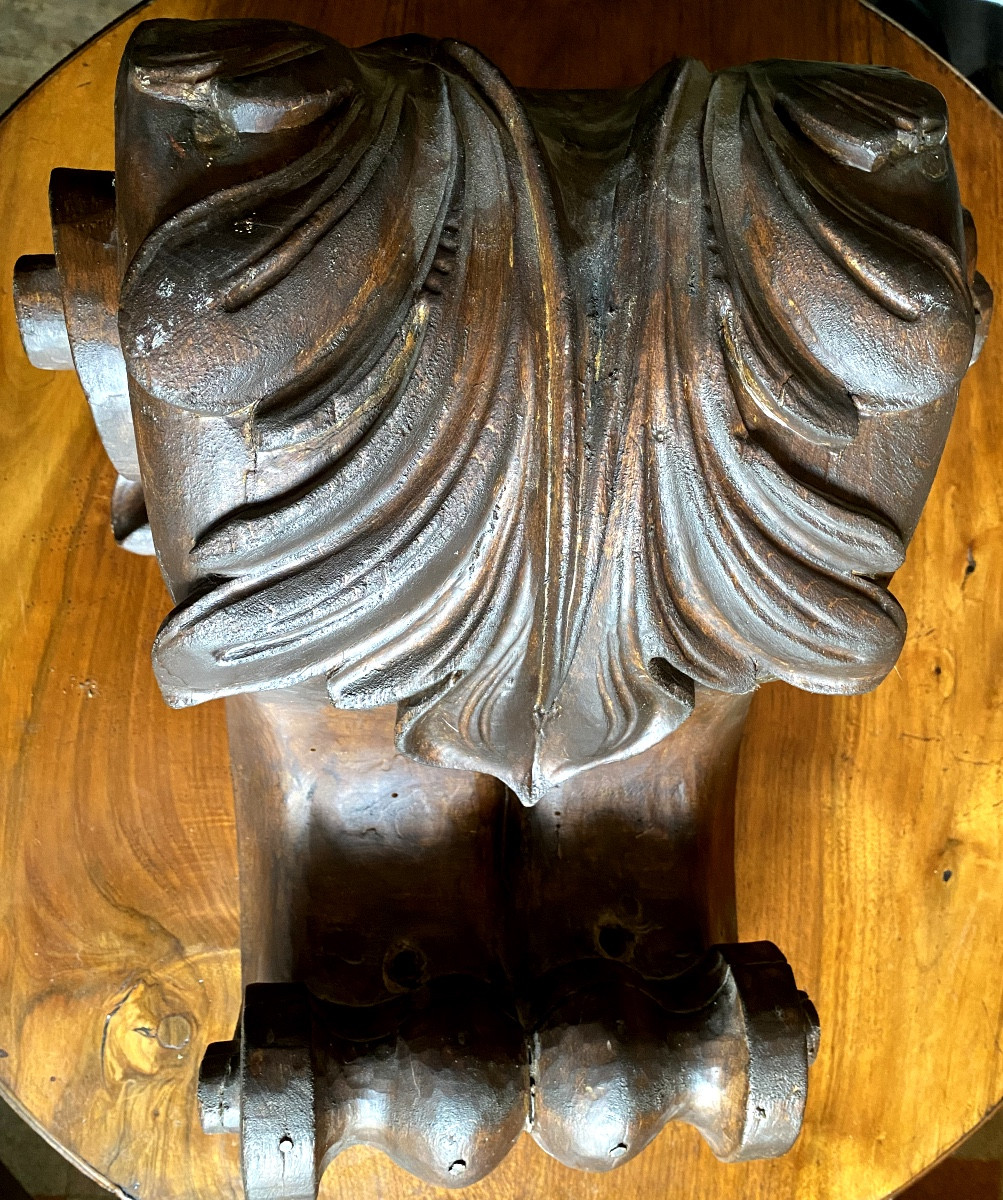 Généreux Corbeau en bois massif sculpté teinté ,d'une généreuse feuille d'acanthe à enroulement