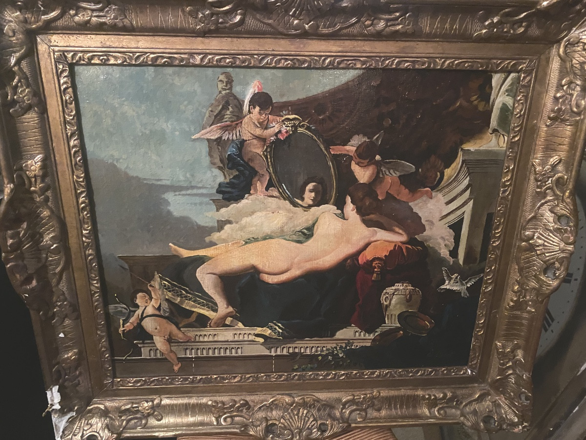  Décorative Grande  huile / toile  Baroque "La Vénus au Miroir"  Encadrée de la fin du XIX ème -photo-3