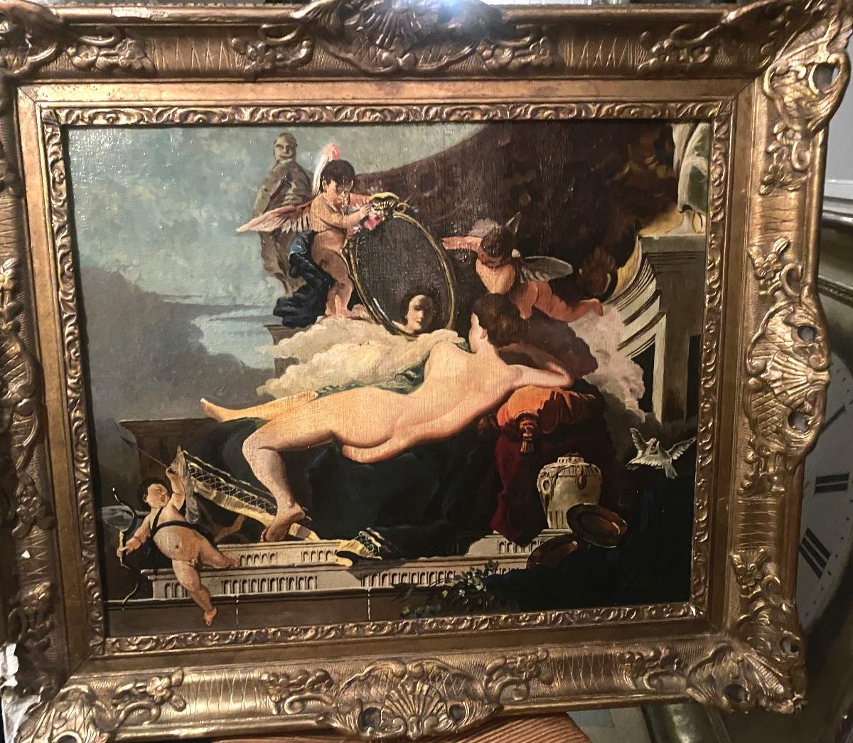  Décorative Grande  huile / toile  Baroque "La Vénus au Miroir"  Encadrée de la fin du XIX ème 