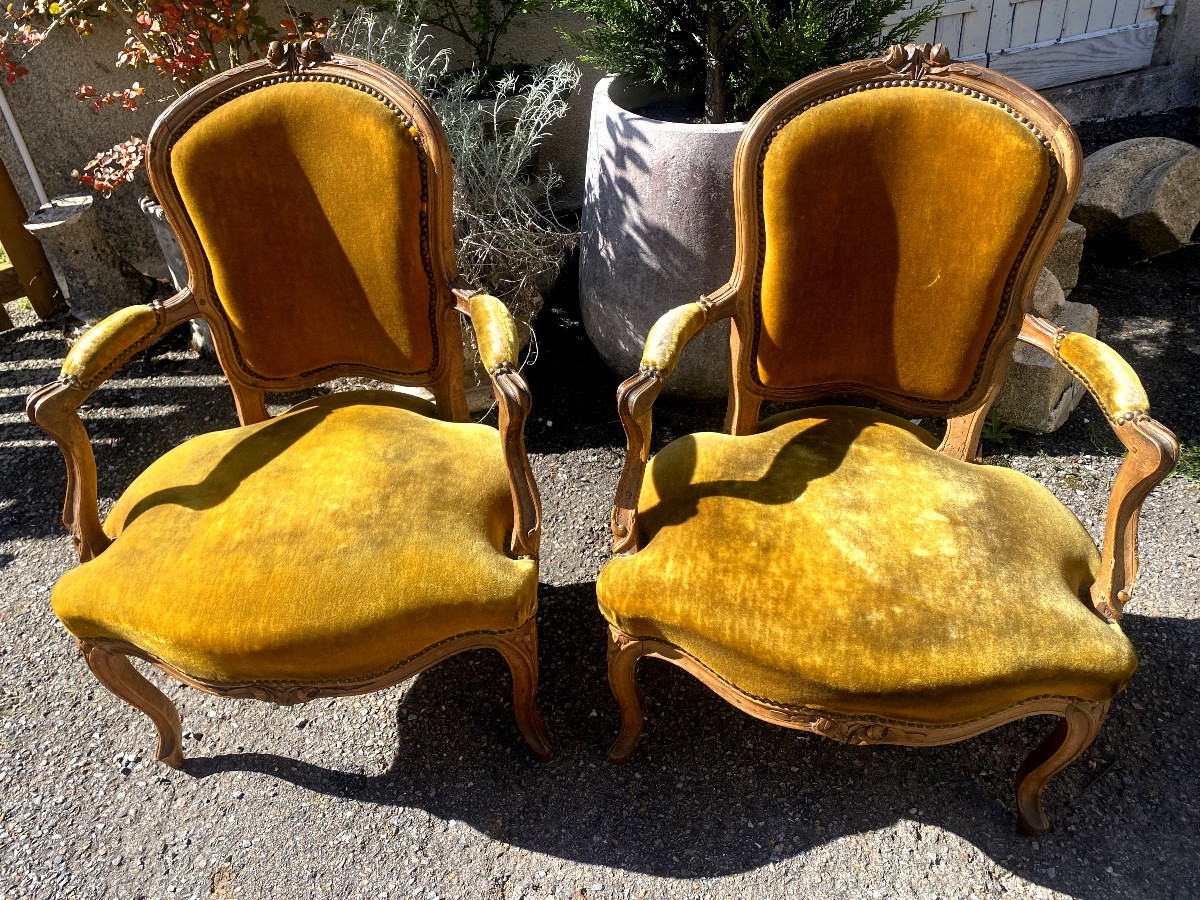 Pair Of 18th Century Louis XV Style Stained Morgani Lounge Cabriolets, Well Carved