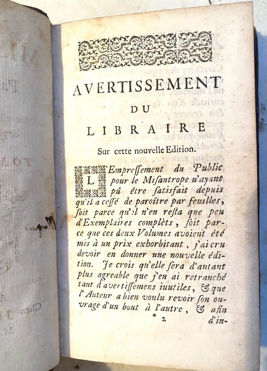 "Le Misantrope". Par Mr. V. E.**** Nelle Ed  deux forts vol. In 12. A la Haye 1726 Jean Neaulme-photo-1