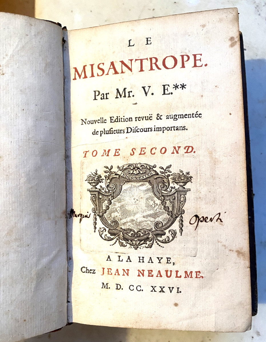 "Le Misantrope". Par Mr. V. E.**** Nelle Ed  deux forts vol. In 12. A la Haye 1726 Jean Neaulme-photo-4