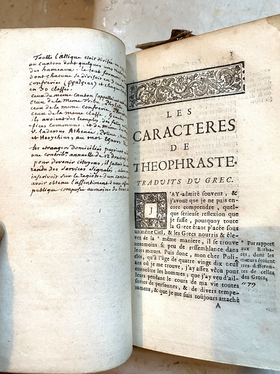 Ouvrage d'Erudit : "Les Caractères de Théophraste" de "La Bruyère" . 2 forts Vol. In 12 . 1694.-photo-4