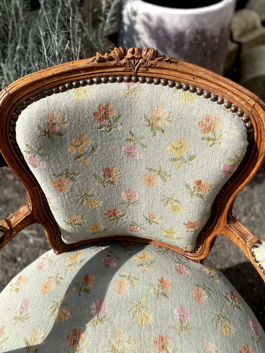  Beautiful Pair Of Louis XV Lounge Cabriolets Upholstered In Small Dots Style In Light Beech, 19th Century-photo-6