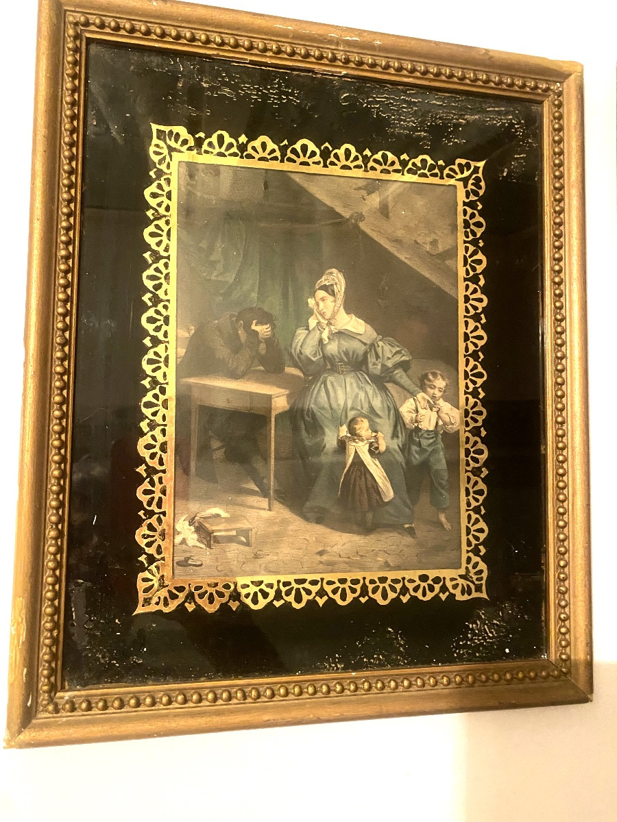 Pair Of Fixed Under Glass: In A Frame Of Golden Lace On A Black Background, Pearl Frame -photo-2