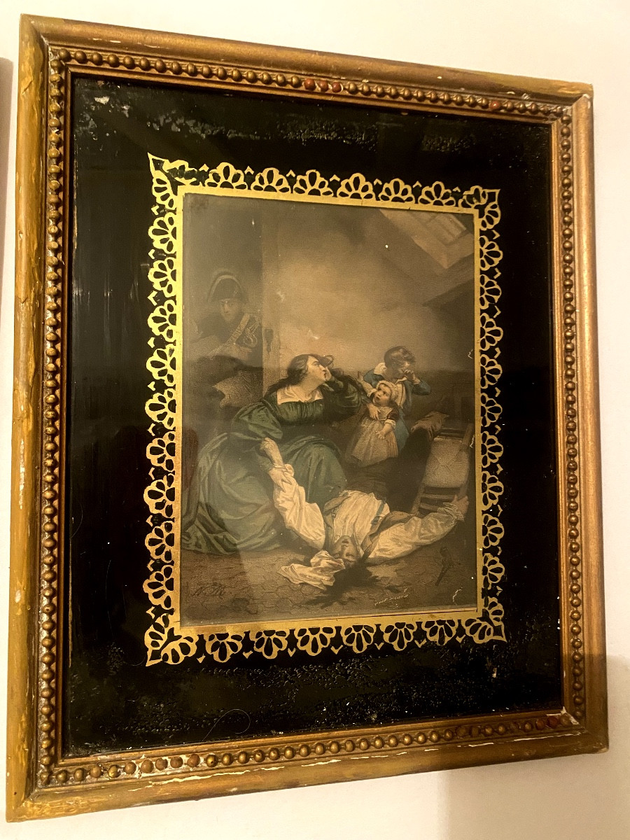 Pair Of Fixed Under Glass: In A Frame Of Golden Lace On A Black Background, Pearl Frame -photo-3