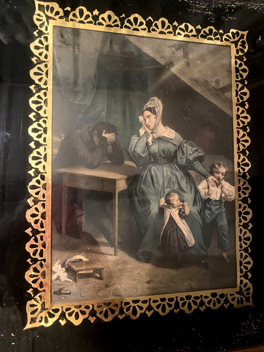 Pair Of Fixed Under Glass: In A Frame Of Golden Lace On A Black Background, Pearl Frame -photo-4