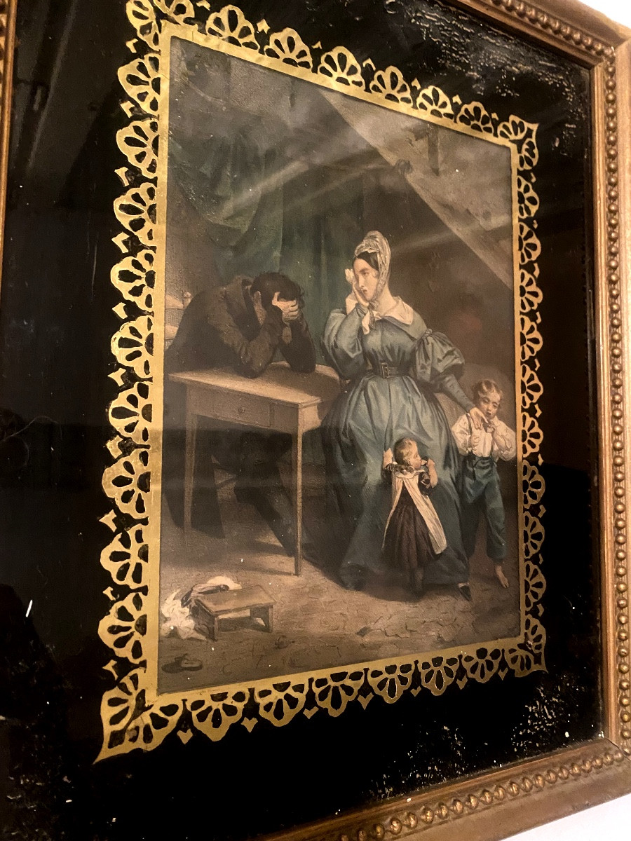 Pair Of Fixed Under Glass: In A Frame Of Golden Lace On A Black Background, Pearl Frame -photo-2