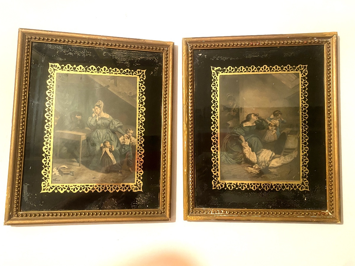 Pair Of Fixed Under Glass: In A Frame Of Golden Lace On A Black Background, Pearl Frame 