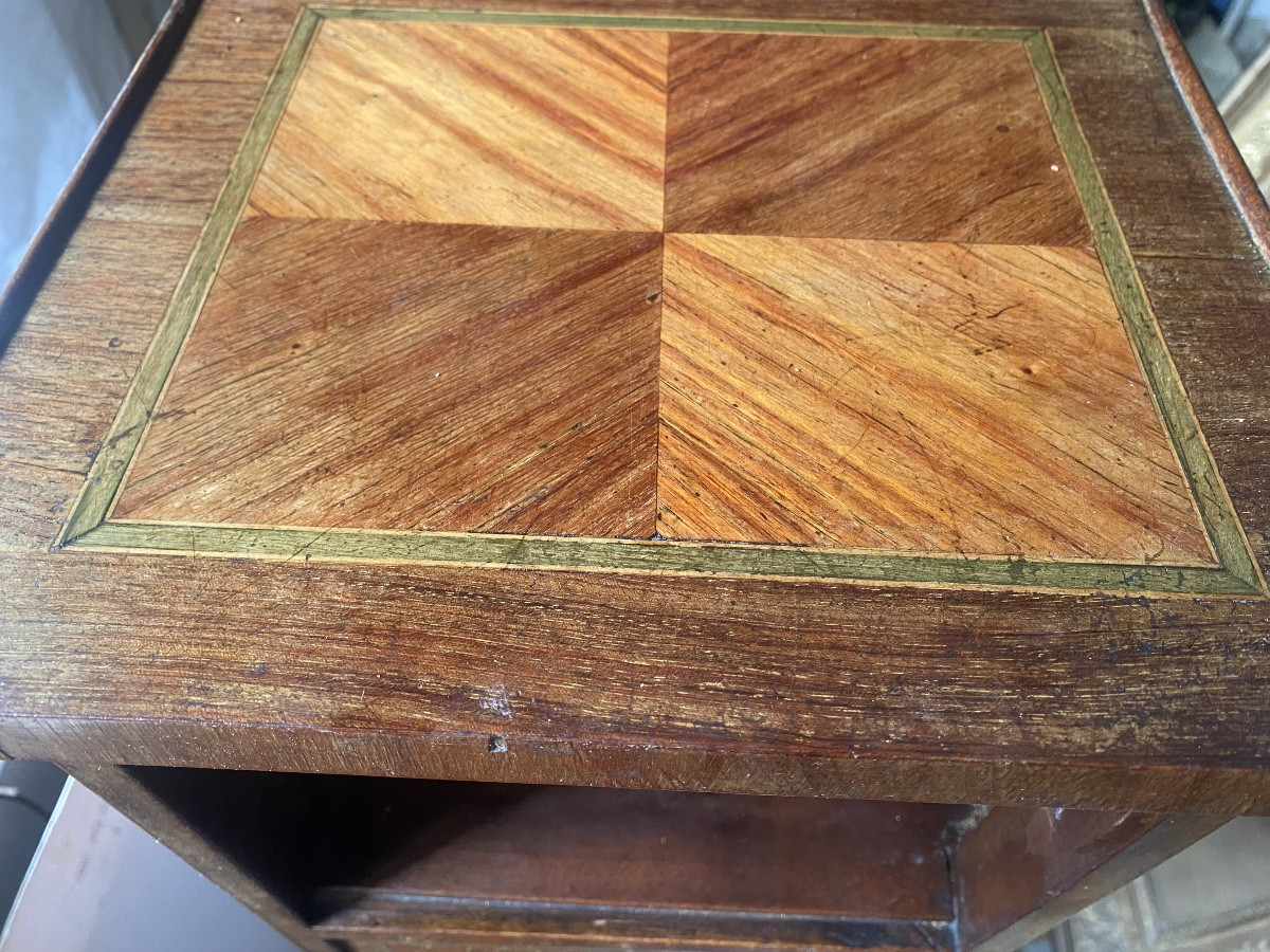 Meuble d'appoint deux tiroirs & niche de style Transition en marqueterie  d'encadrements XIXème-photo-3
