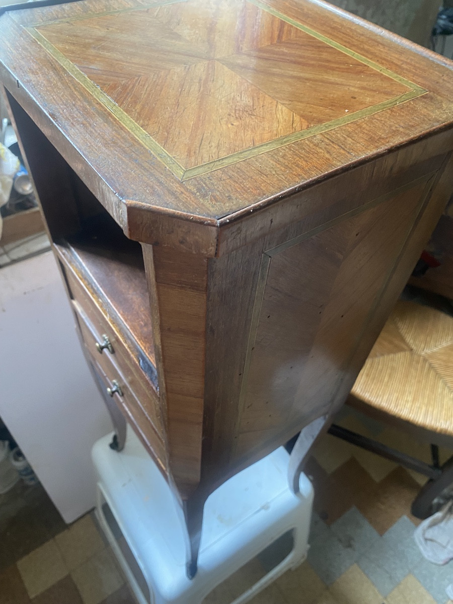 Meuble d'appoint deux tiroirs & niche de style Transition en marqueterie  d'encadrements XIXème-photo-1
