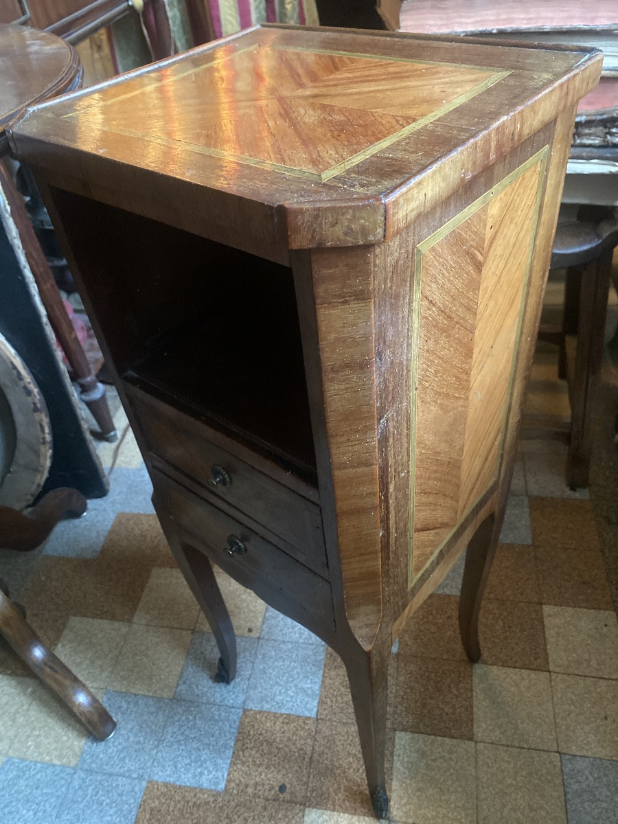 Meuble d'appoint deux tiroirs & niche de style Transition en marqueterie  d'encadrements XIXème-photo-7