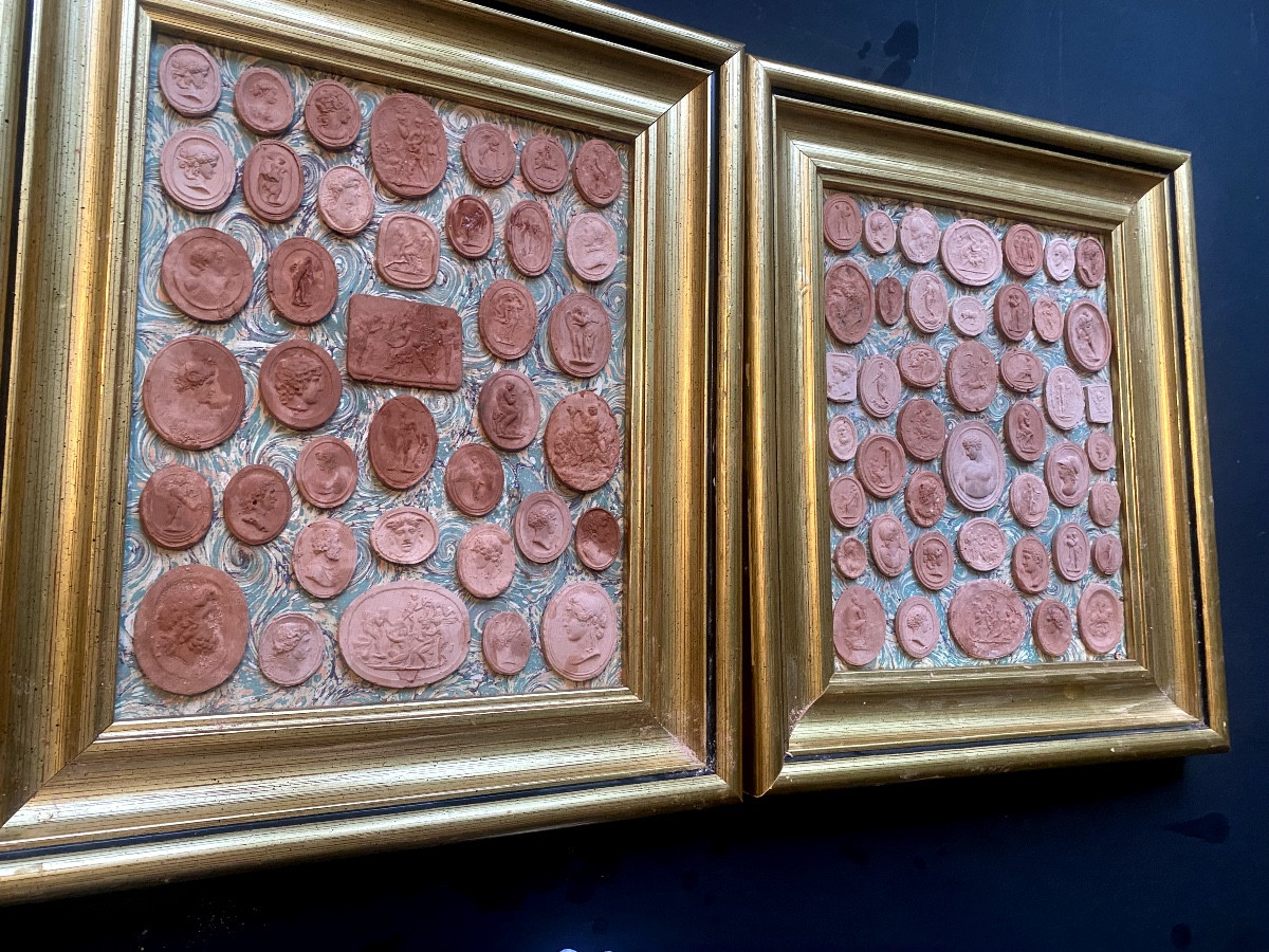 Two Gilded Frames, Important Collection Of Cameo Prints From The Grand Tour, 19th Century Terracotta-photo-6