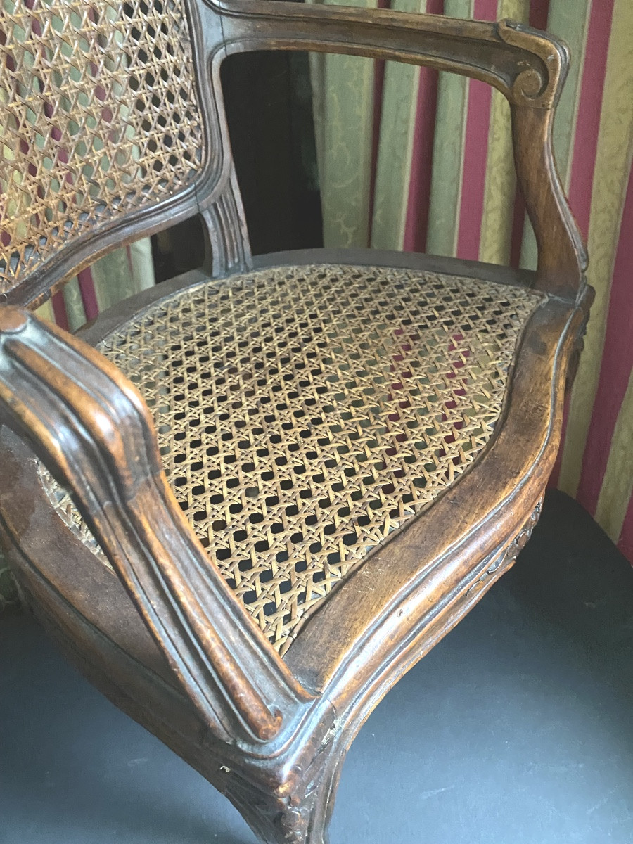 "child's Armchair" From The 18th Century. Caned Cabriolet In Patinated Walnut, Well Carved From The Louis XV Period.-photo-2