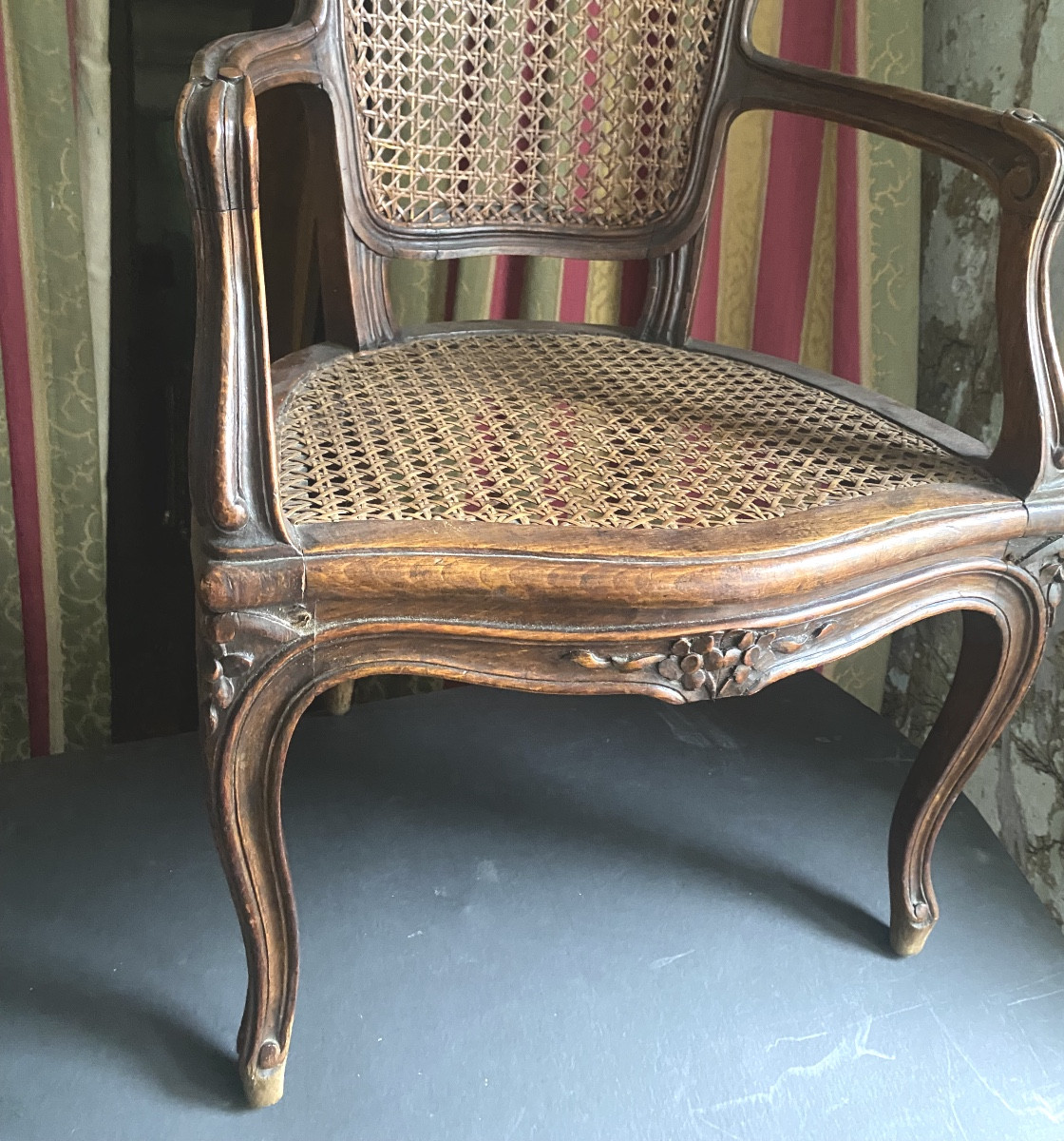 "child's Armchair" From The 18th Century. Caned Cabriolet In Patinated Walnut, Well Carved From The Louis XV Period.-photo-8