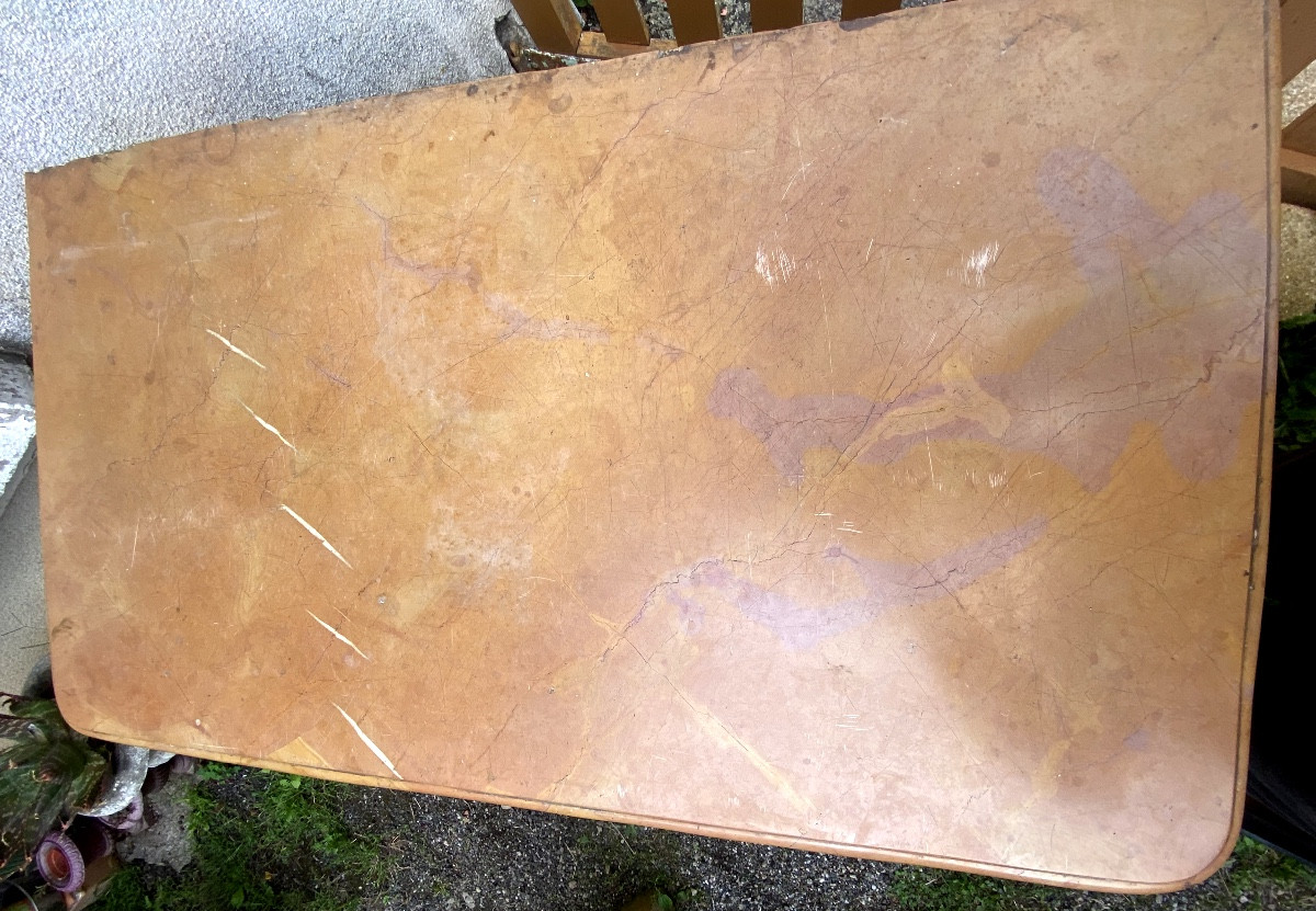Importante commode sauteuse deux tiroirs tout en marqueterie ép. Transition dessus marbre ocre-photo-4