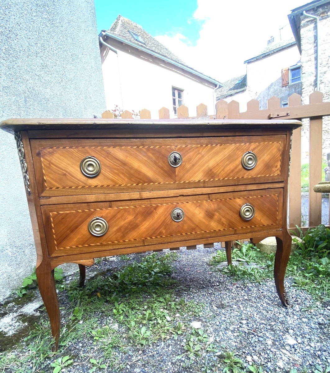 Importante commode sauteuse deux tiroirs tout en marqueterie ép. Transition dessus marbre ocre-photo-4