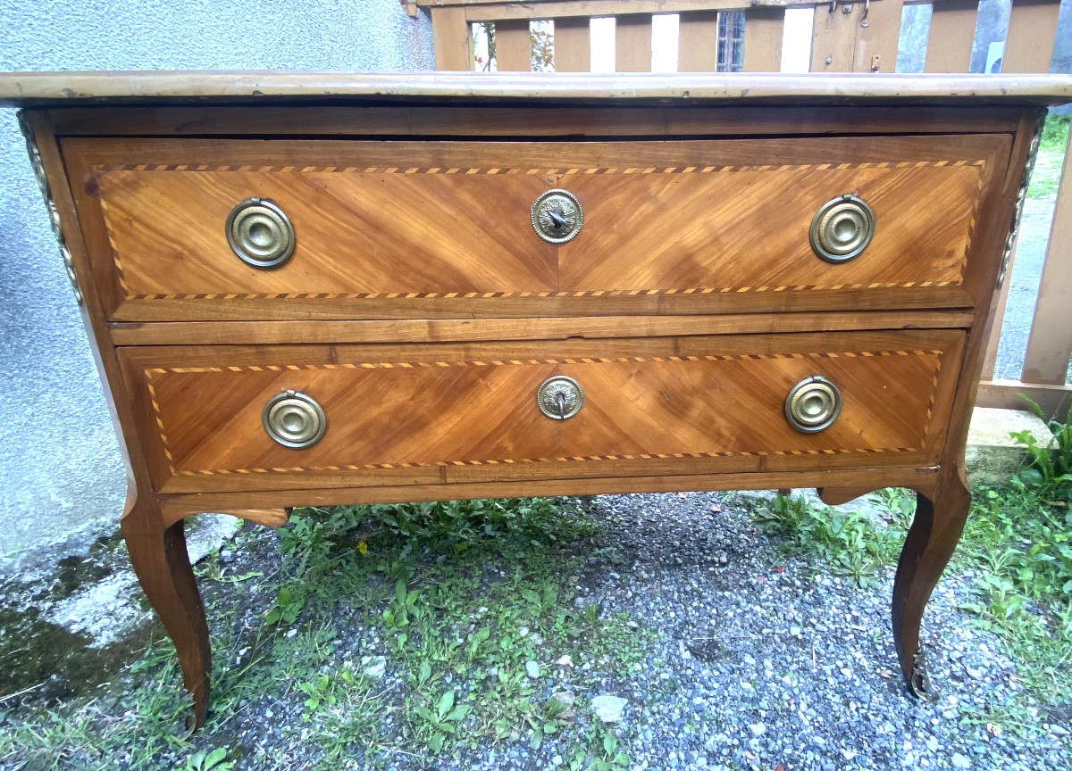 Importante commode sauteuse deux tiroirs tout en marqueterie ép. Transition dessus marbre ocre-photo-8