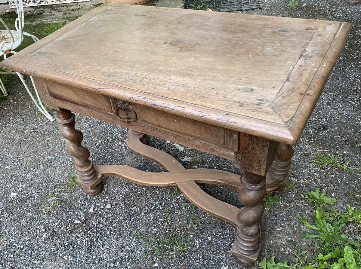 Louis XIII Period Table With Crossed Crossbars, Twisted Legs, Drawer On The Front, Light Walnut-photo-2