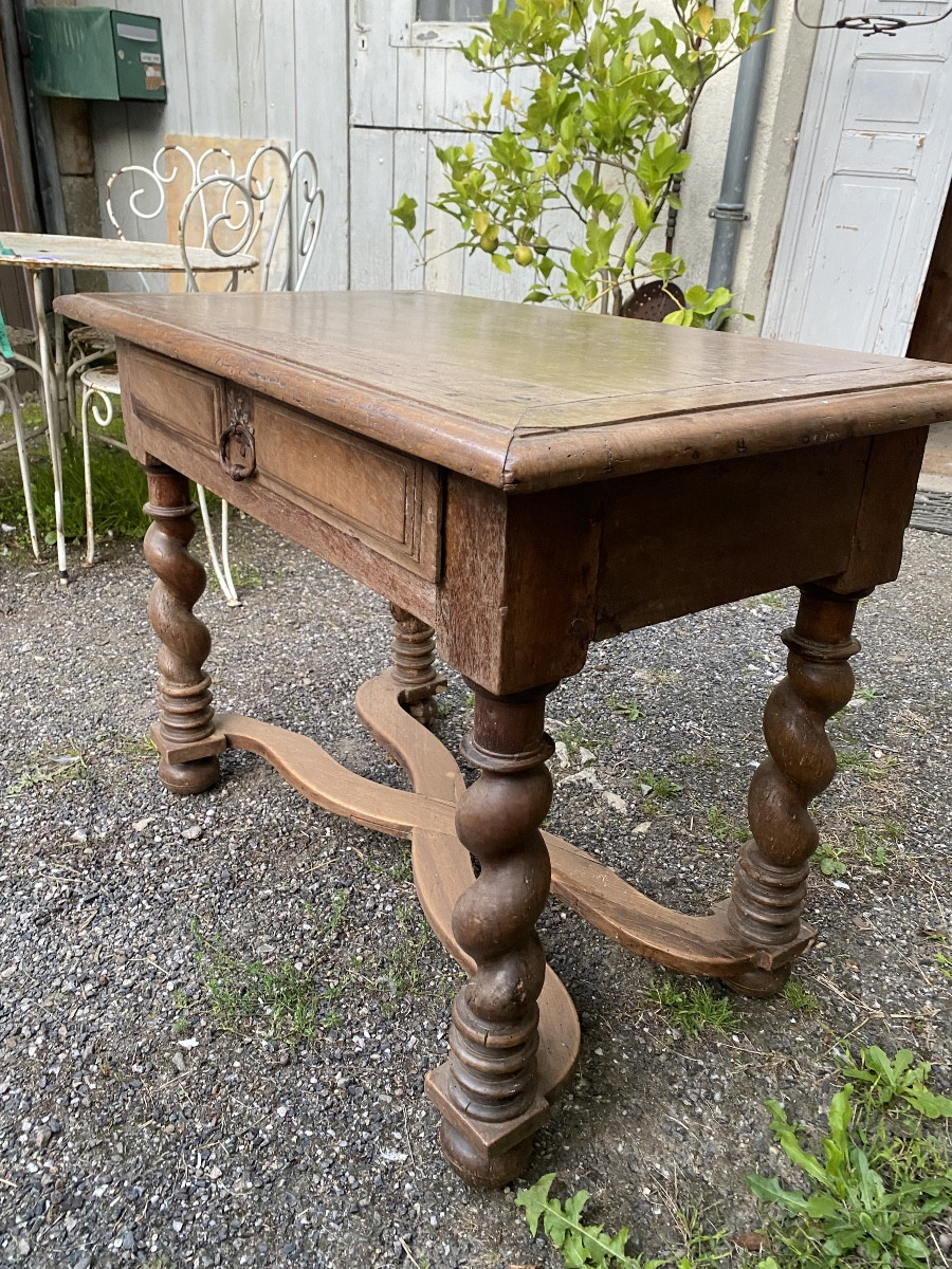 Louis XIII Period Table With Crossed Crossbars, Twisted Legs, Drawer On The Front, Light Walnut-photo-3