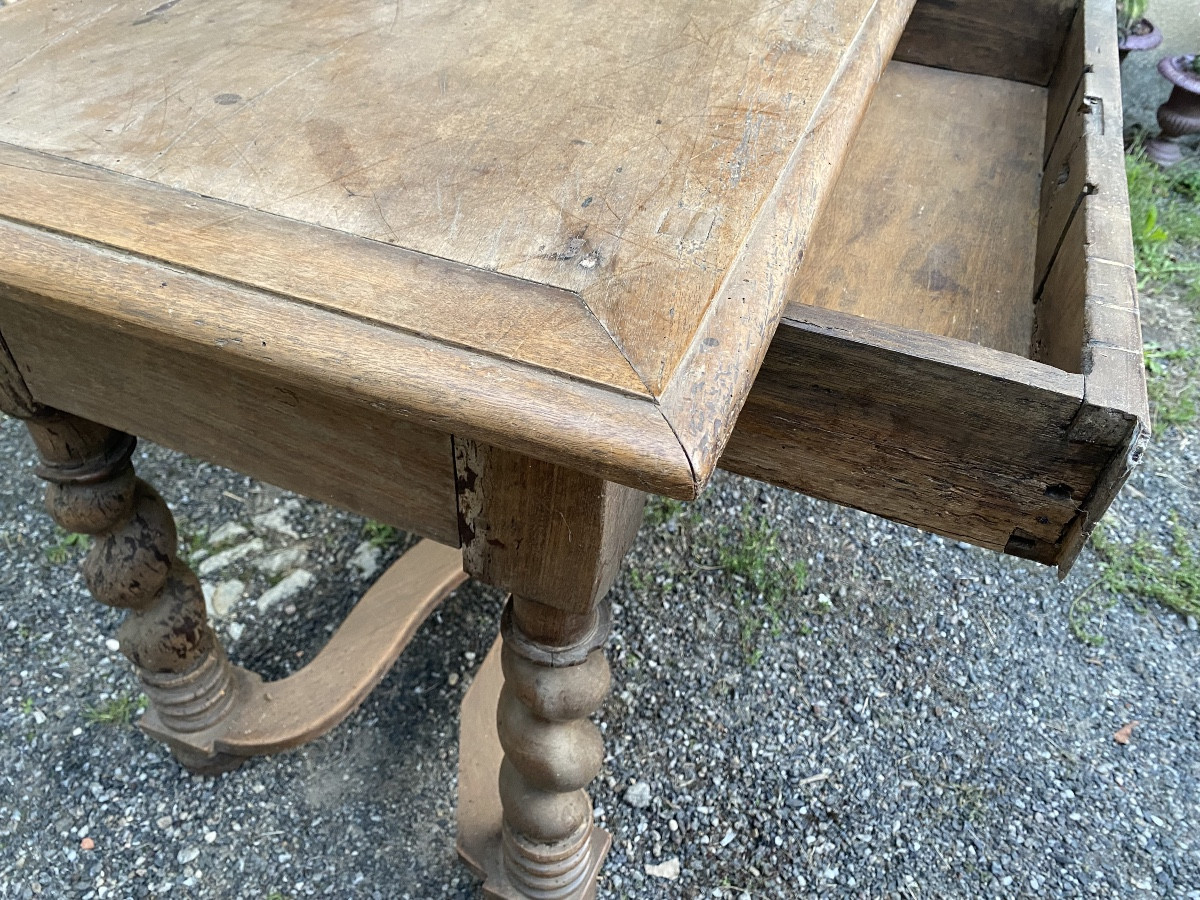 Louis XIII Period Table With Crossed Crossbars, Twisted Legs, Drawer On The Front, Light Walnut-photo-1