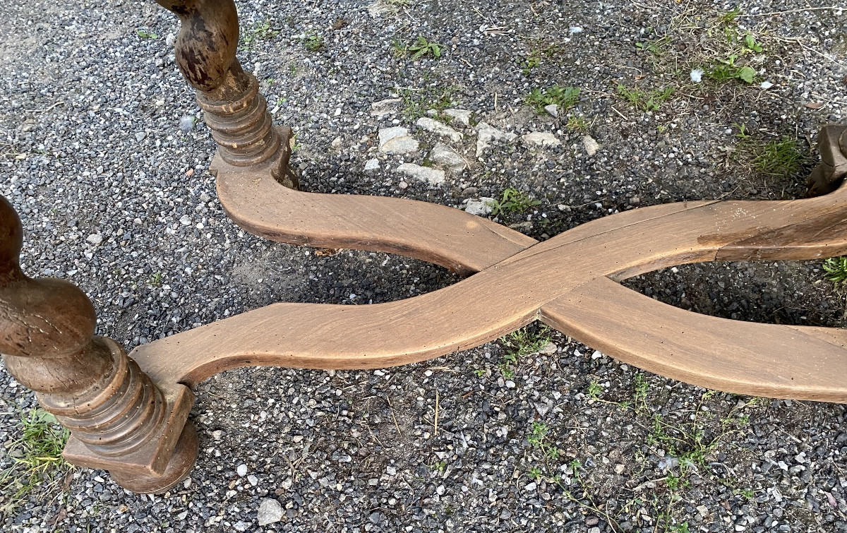 Louis XIII Period Table With Crossed Crossbars, Twisted Legs, Drawer On The Front, Light Walnut-photo-2