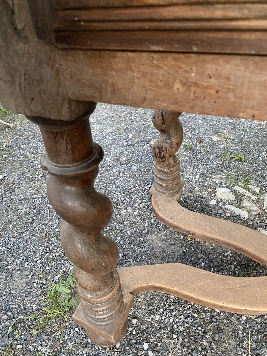 Louis XIII Period Table With Crossed Crossbars, Twisted Legs, Drawer On The Front, Light Walnut-photo-3