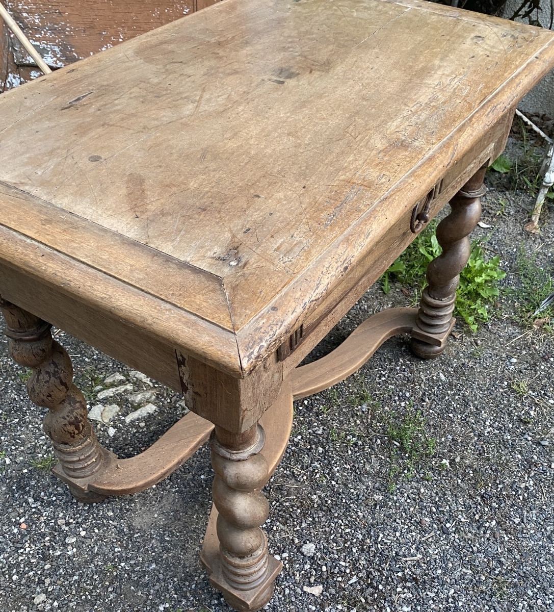 Louis XIII Period Table With Crossed Crossbars, Twisted Legs, Drawer On The Front, Light Walnut-photo-6