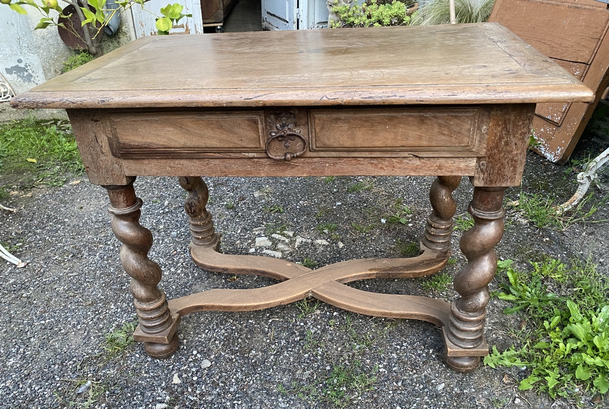 Louis XIII Period Table With Crossed Crossbars, Twisted Legs, Drawer On The Front, Light Walnut-photo-8