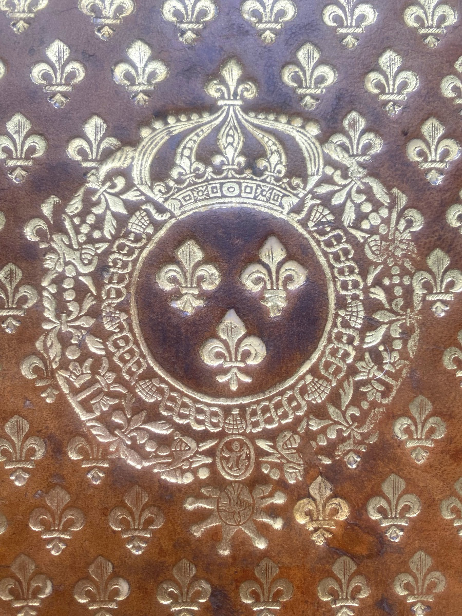 Rare Volume aux Armes de Louis XIV dans une riche reliure In4 en veau au semis de fleurs de Lys-photo-2