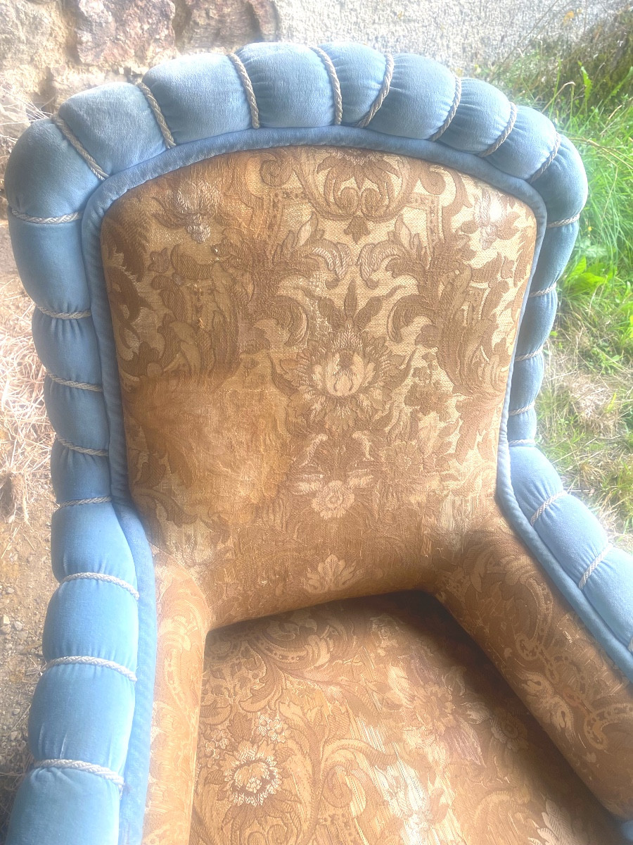 Chauffeuse tapissée en tissus viel or broché et boudin de velours bleu et cordon  ,Napoléon III-photo-2